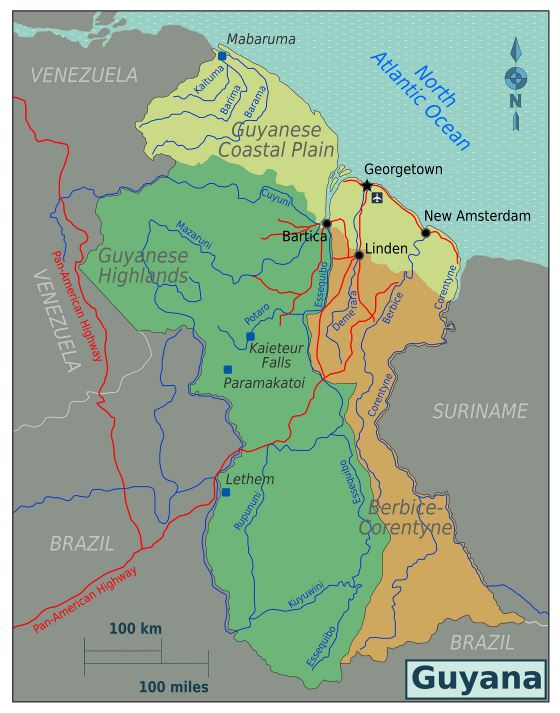 Grande mapa de regiones de Guyana