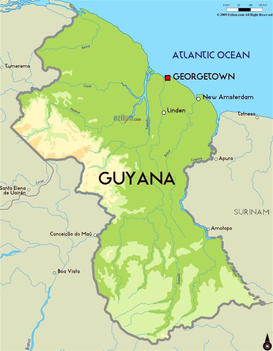 Grande mapa físico de Guyana con principales ciudades