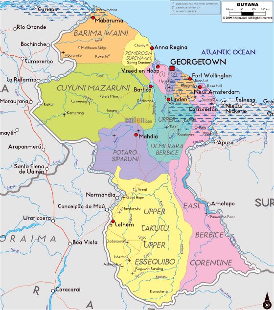 Grande mapa político y administrativo de Guyana con carreteras, ciudades y aeropuertos