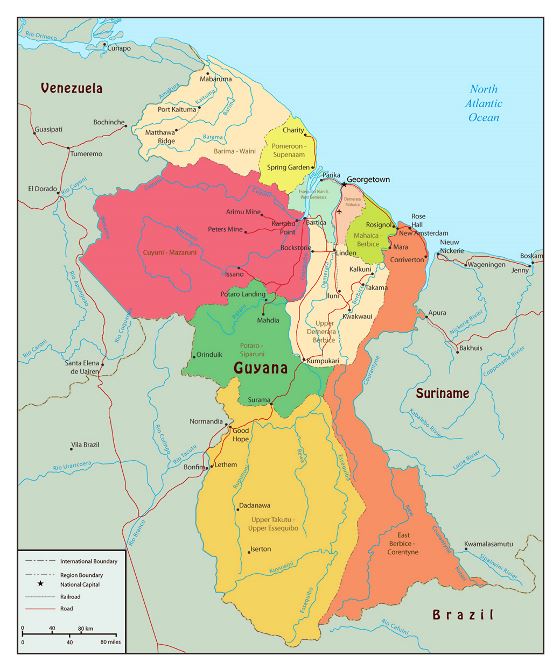 Grande mapa político y administrativo de Guyana con carreteras y ciudades