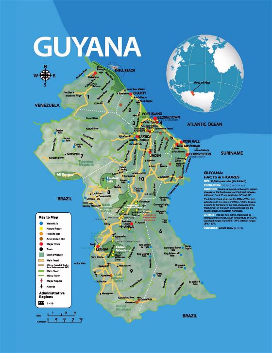 Grande mapa turístico de Guyana con otras marcas