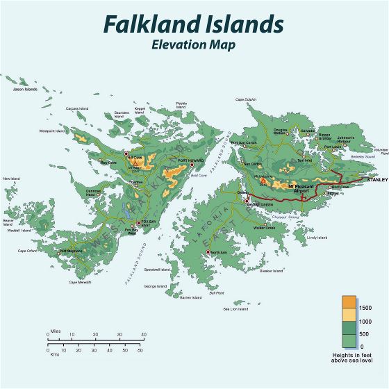 Grande detallado mapa de elevación de Islas Malvinas con carreteras y ciudades