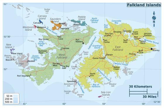 Grande detallado mapa de regiones de Islas Malvinas con carreteras y ciudades