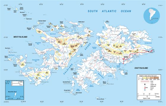 Mapa de elevación de Islas Malvinas