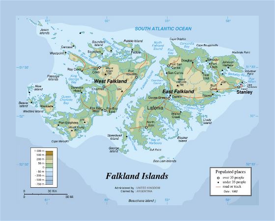 Mapa físico de Islas Malvinas