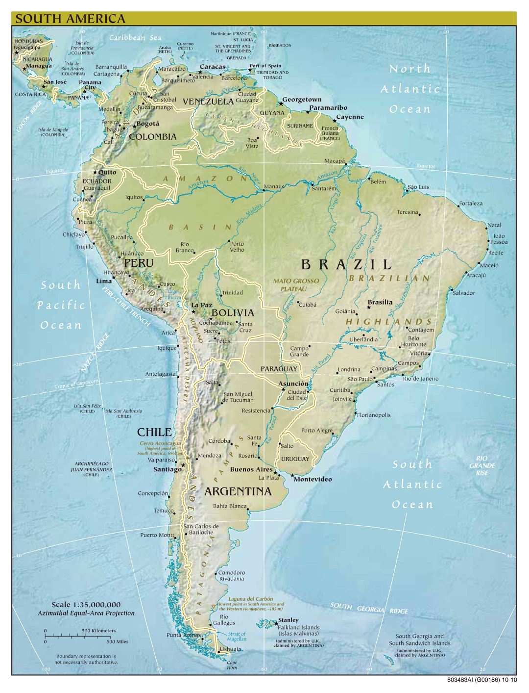 Mapa a gran escala política de América del Sur con alivio - 2010