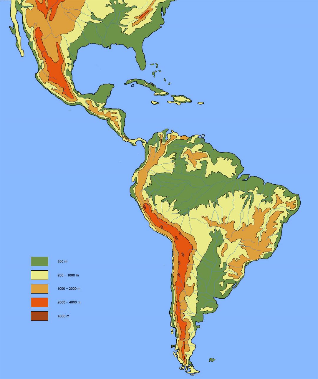 Mapa de elevación grande de América del Sur