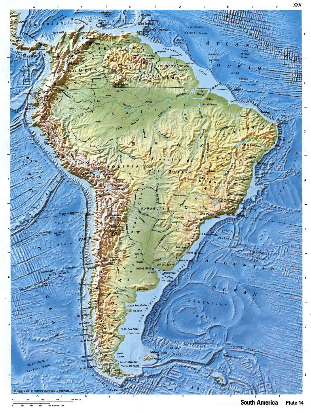 Mapa detallado relieve de América del Sur