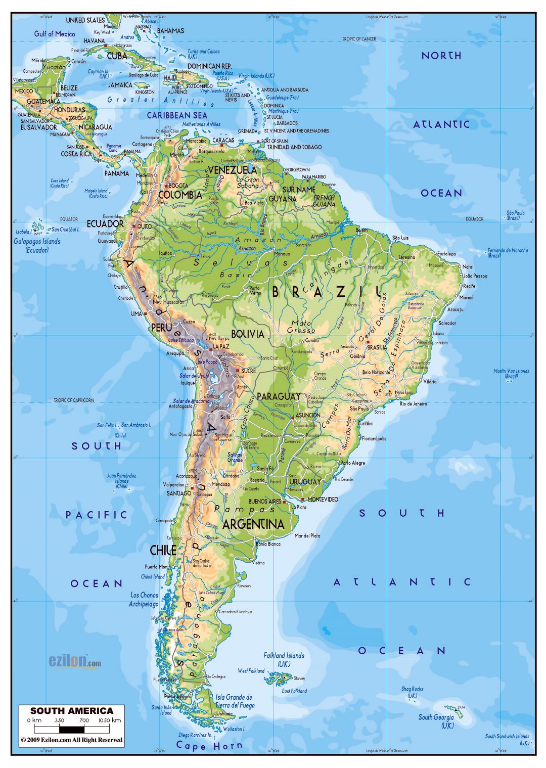 Mapa físico grande de América del Sur con las carreteras y ciudades principales