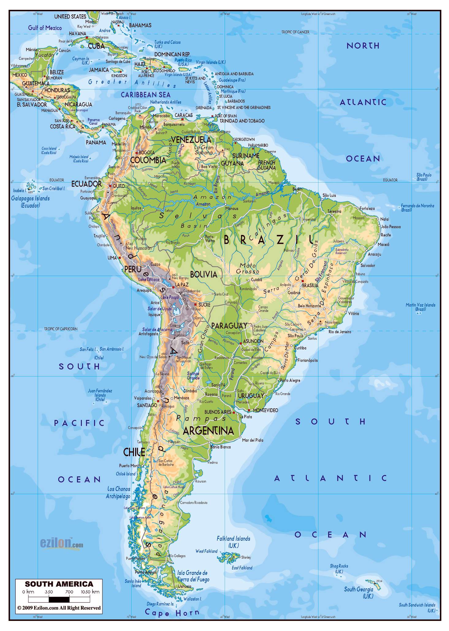Mapa físico grande de América del Sur con las carreteras y ciudades  principales | América del Sur | Mapas del Mundo