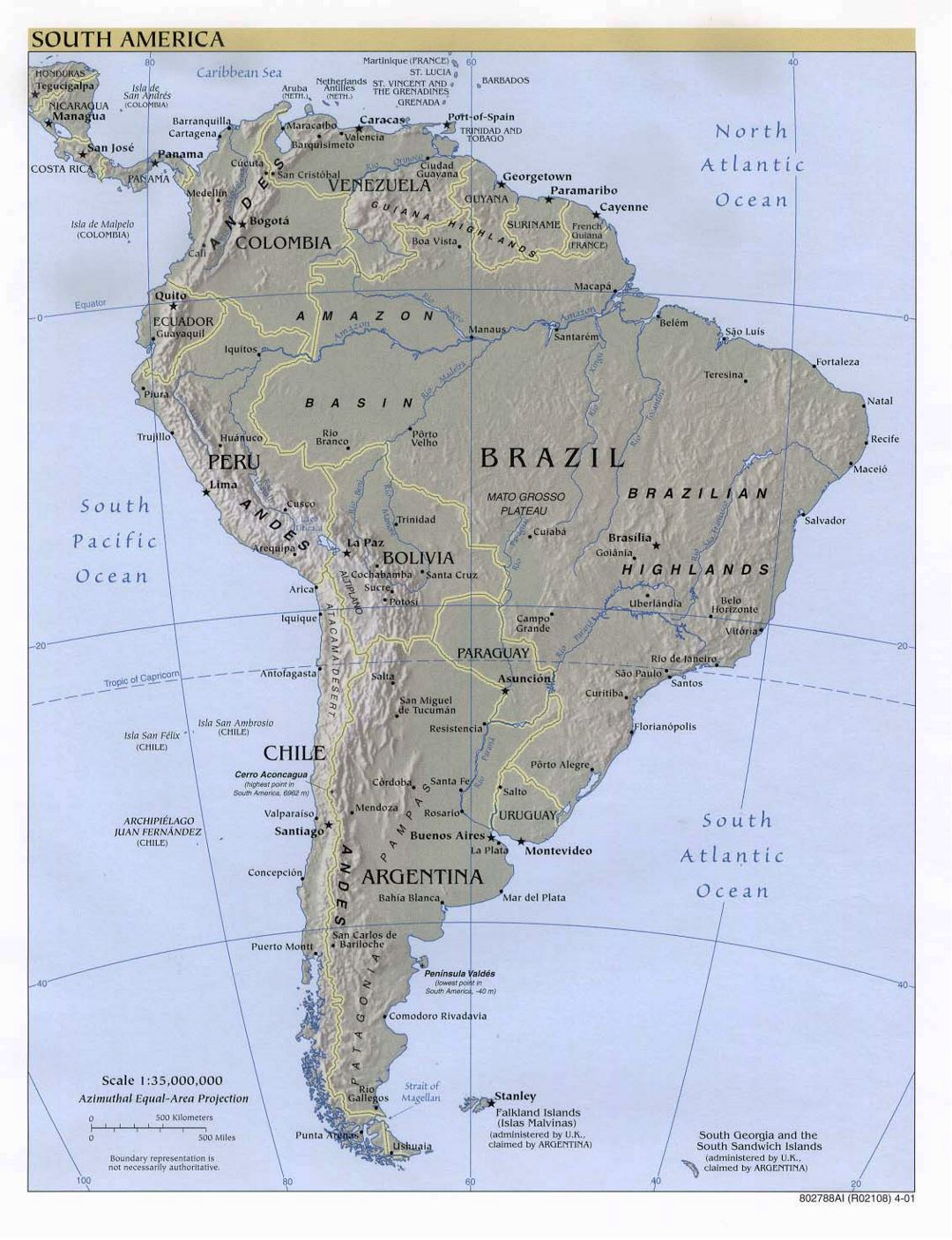 Mapa grande detallada política de América del Sur con alivio, las principales ciudades y capitales - 2001
