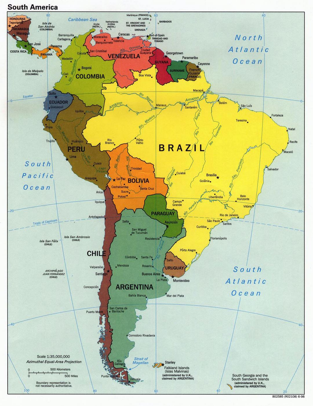 Mapa grande detallada política de América del Sur con capitales - 1998