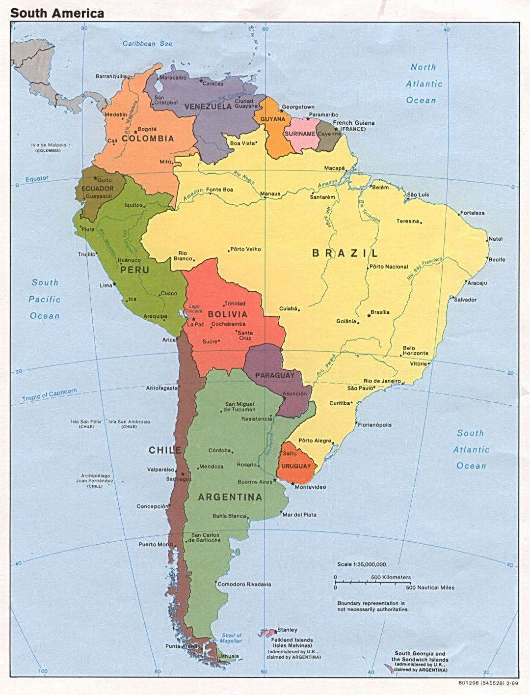Mapa grande detallada política de América del Sur con las capitales y principales ciudades - 1989
