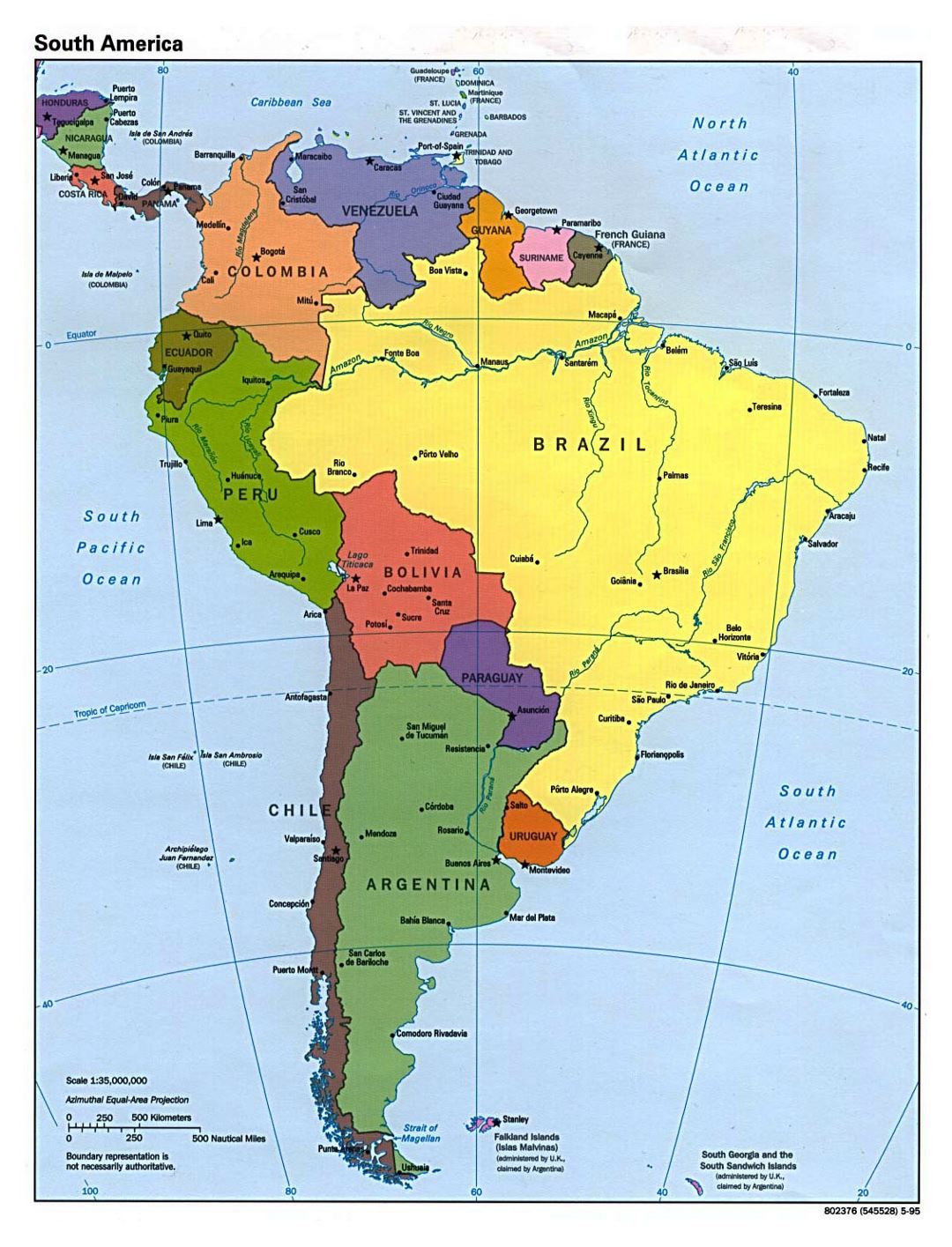 Mapa grande política detallado de América del Sur - 1995