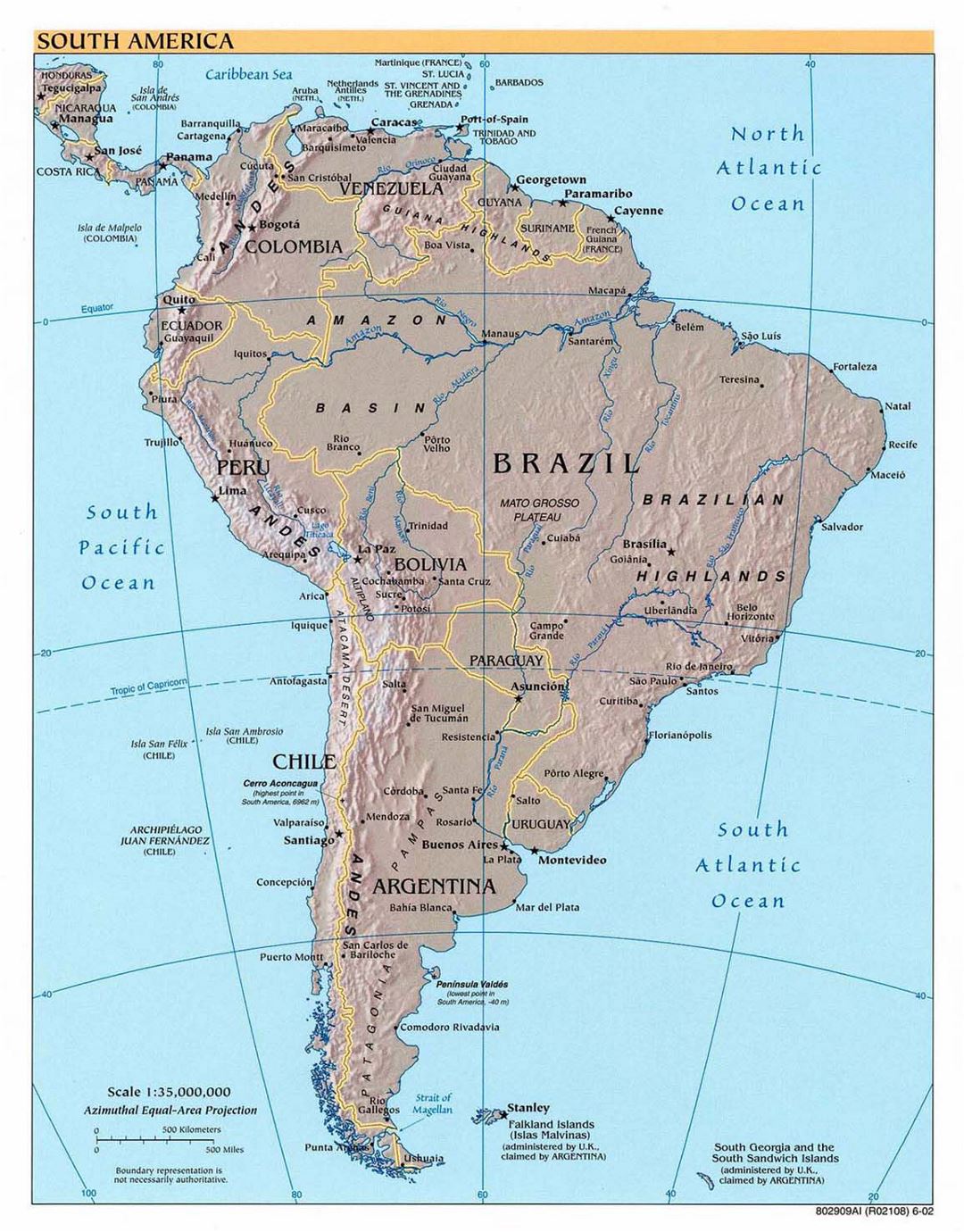 Mapa grande política detallado de América del Sur con alivio - 2002