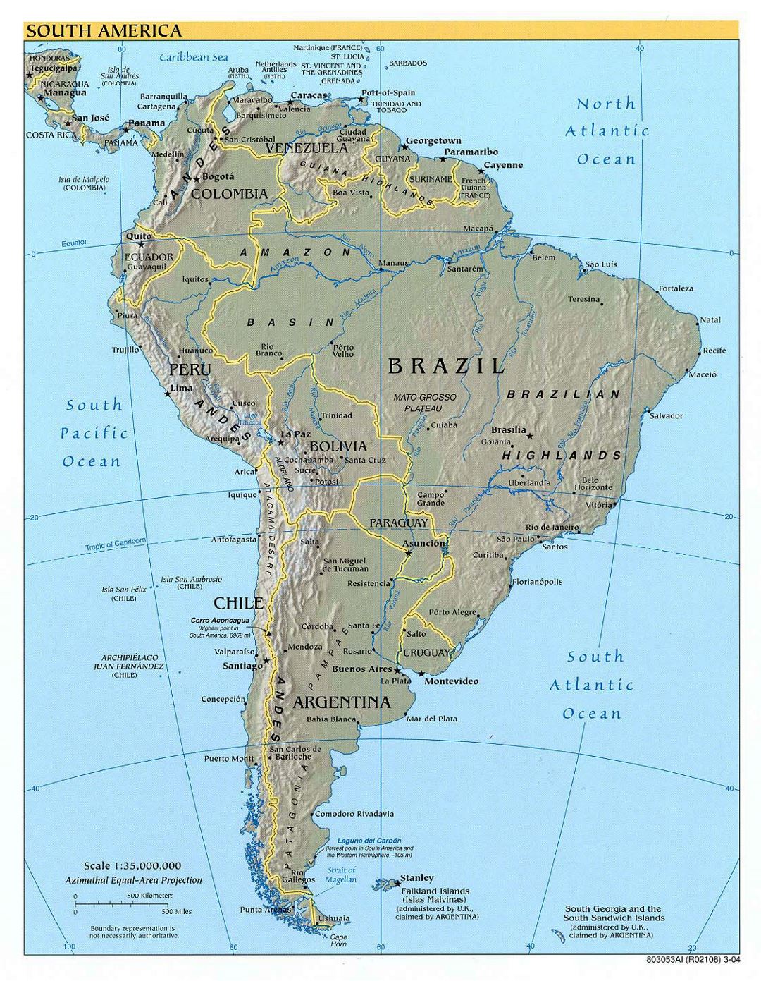 Mapa grande política detallado de América del Sur con alivio y capitales - 2004