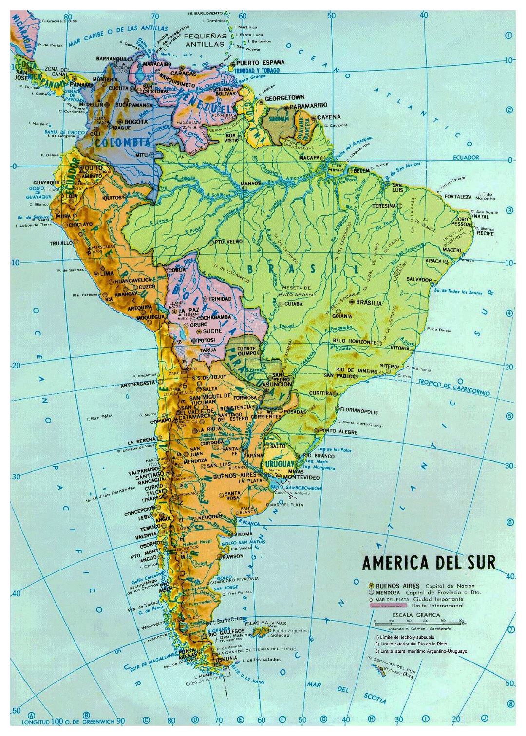 Mapa grande político y hidrográfico de América del Sur con las principales ciudades y capitales