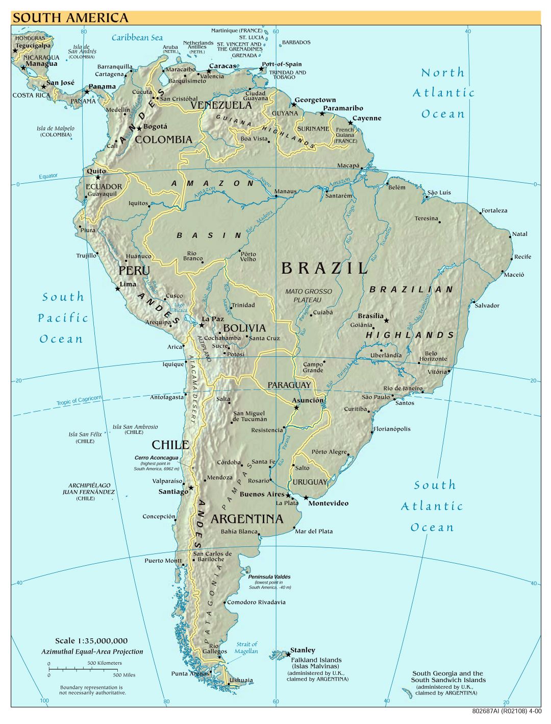 Mapa político a gran escala de América del Sur con alivio y capitales - 2001