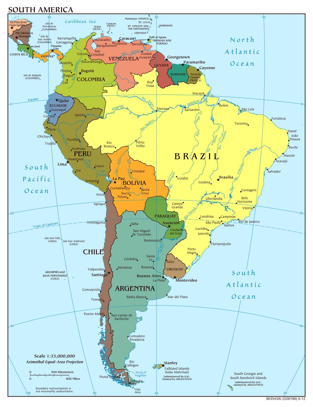 Mapa político a gran escala de América del Sur con las principales ciudades y capitales - 2012