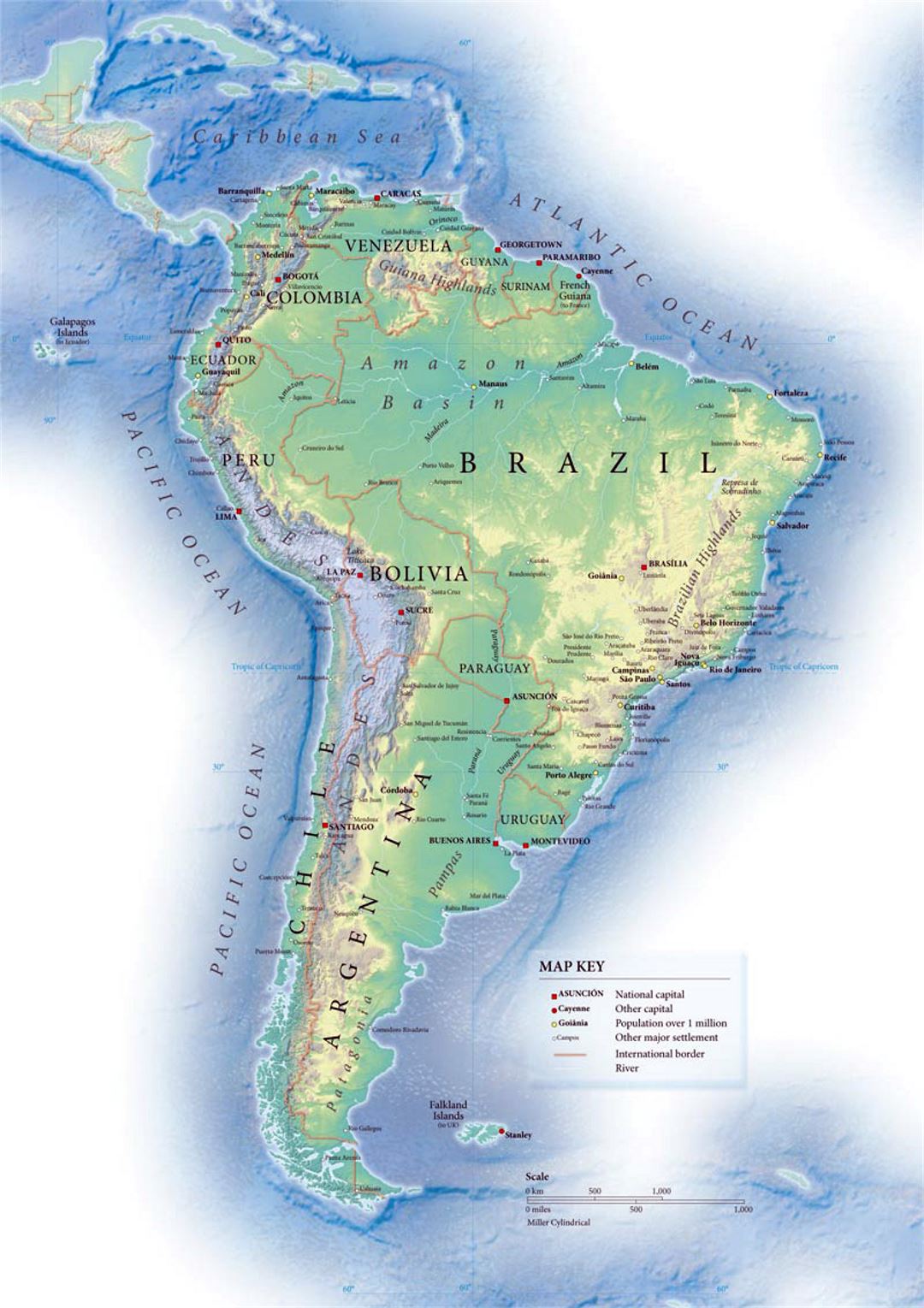 Mapa político de América del Sur con alivio