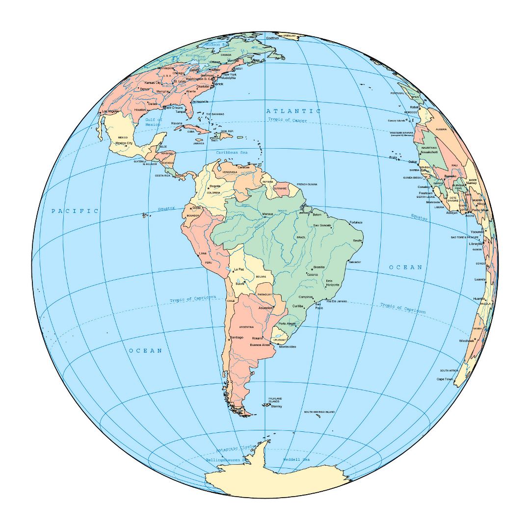 Mapa político detallado de América del Sur con capitales