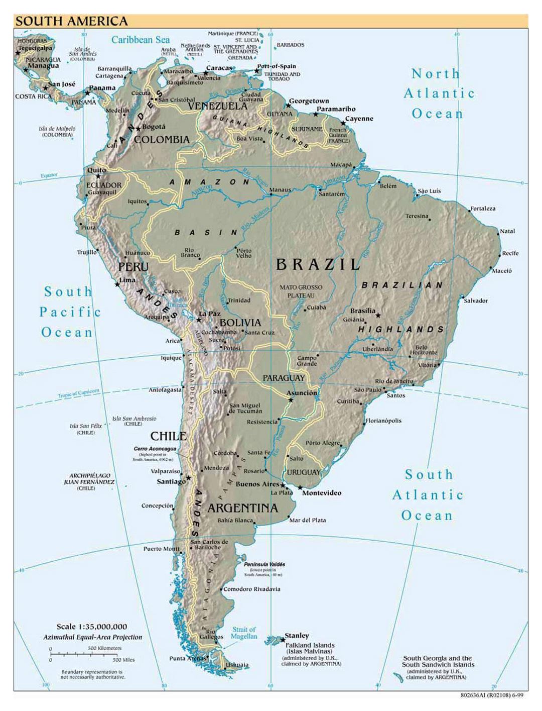 Mapa político grande de América del Sur con alivio, las principales ciudades y capitales - 1999