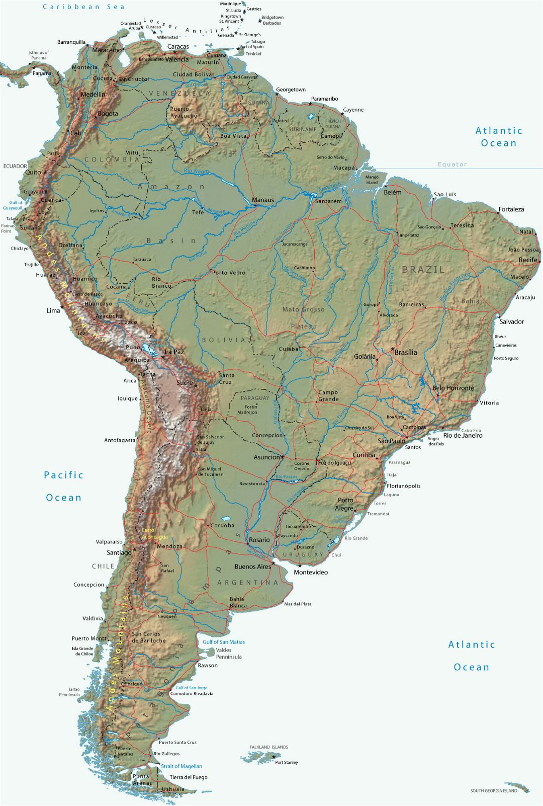 Mapa político grande de América del Sur con alivio
