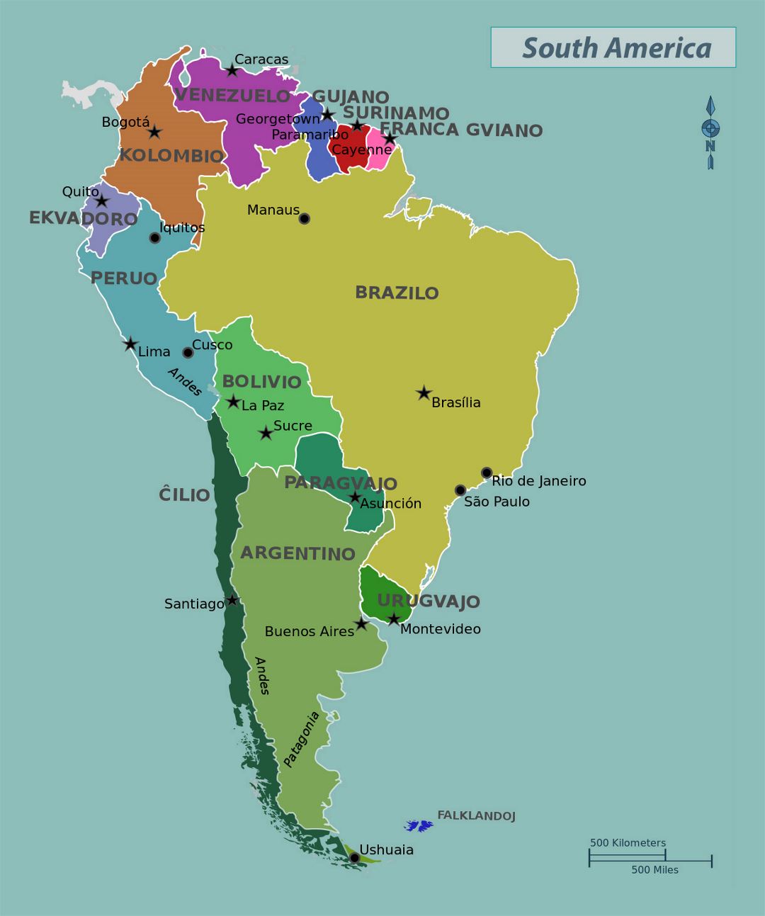 Mapa político grande de América del Sur con capiteles