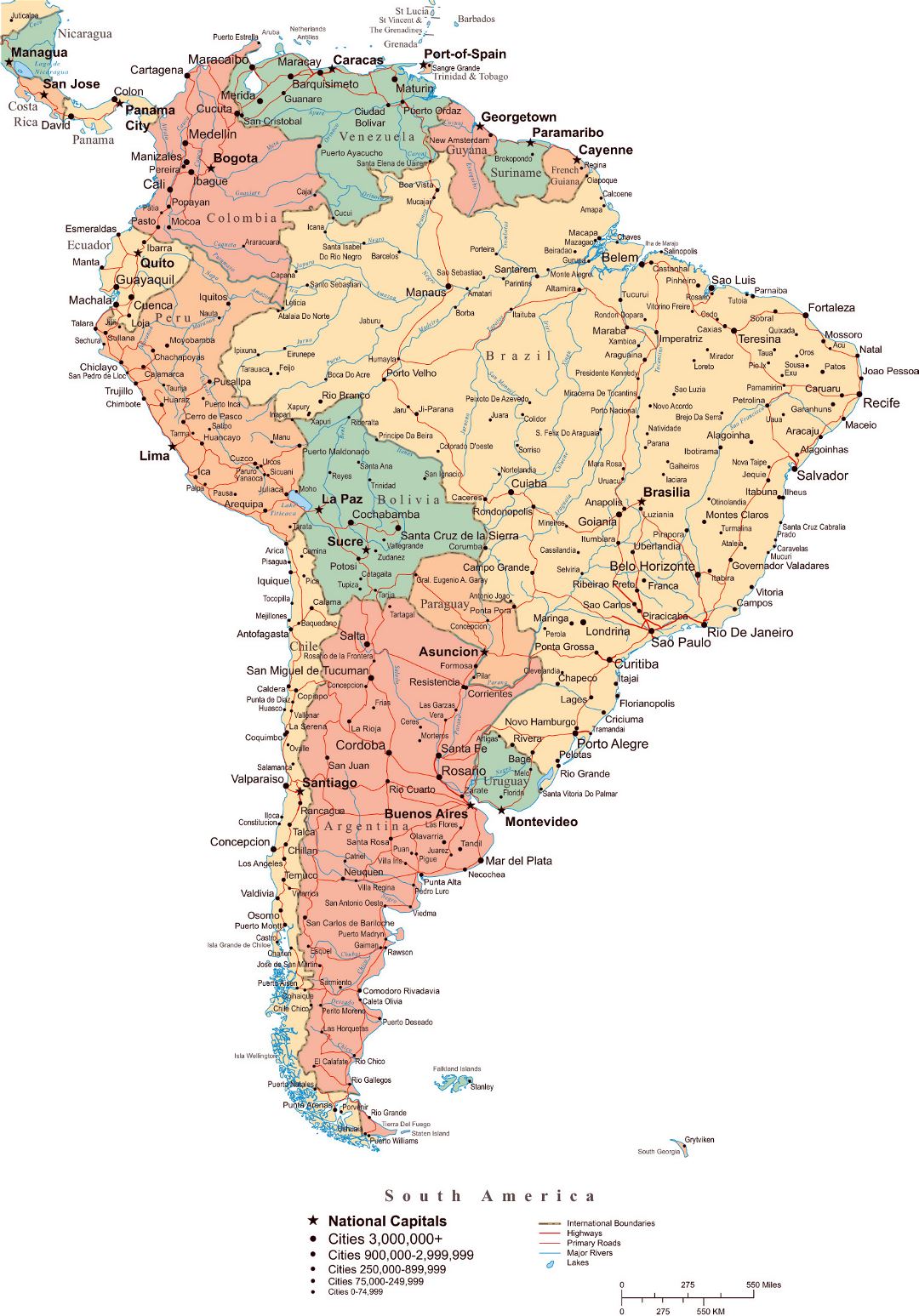 Mapa político grande de América del Sur con las carreteras, las principales ciudades y capitales