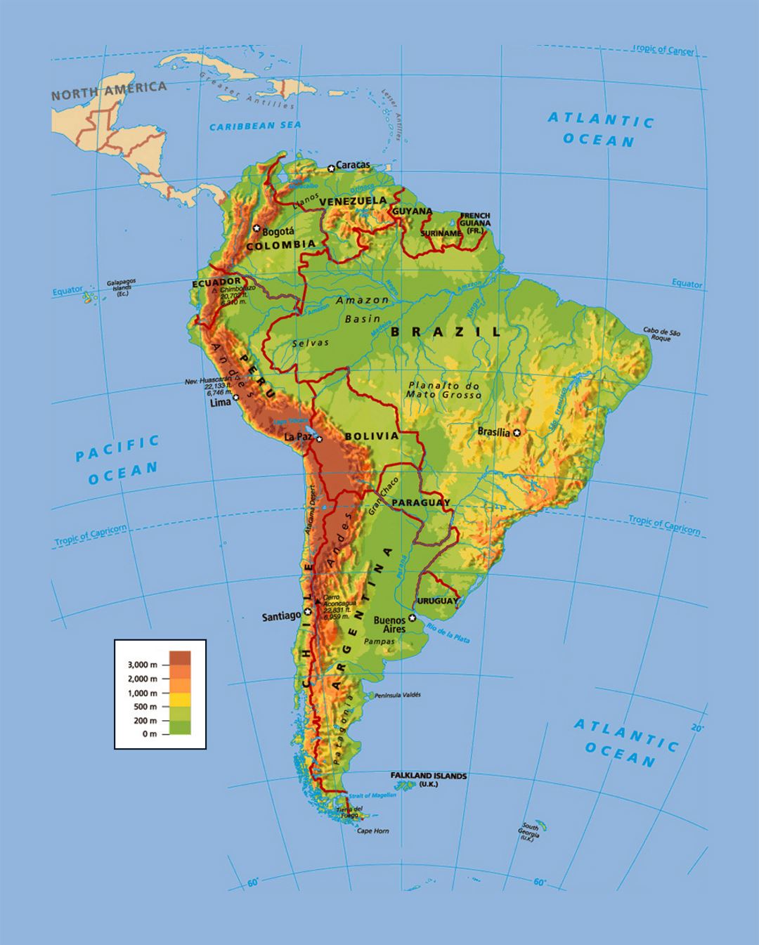 Mapa político y físico de América del Sur