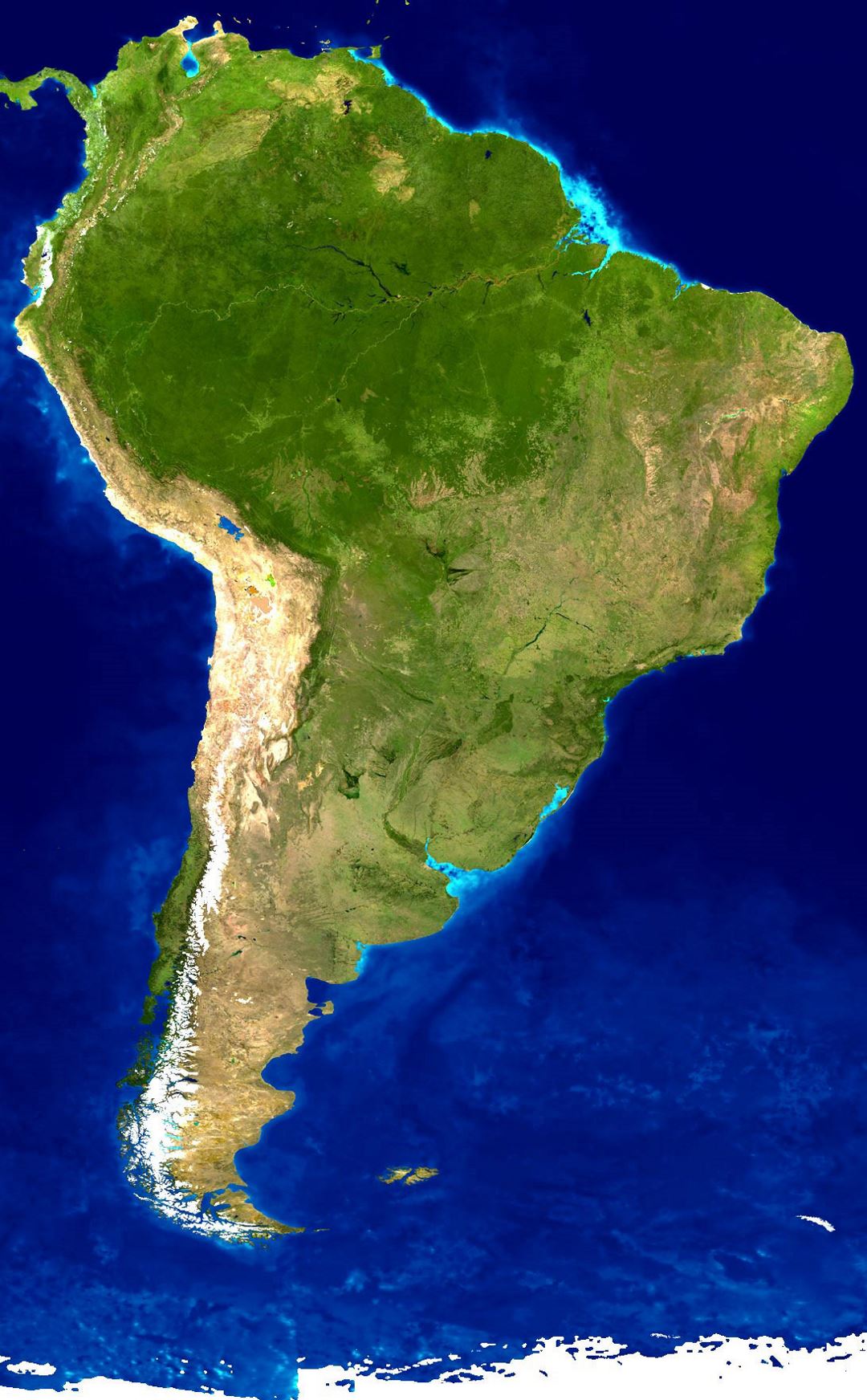 Mapa satelital detallado de América del Sur