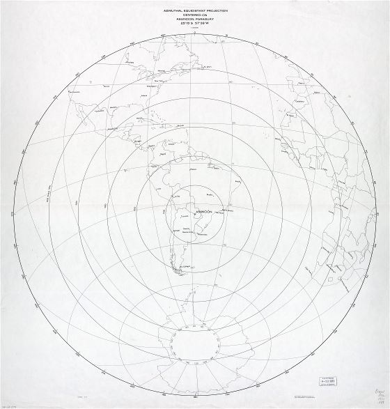 A gran escala detallado mapa de proyección equidistante azimutal - centrado en Asunción, Paraguay - 1971