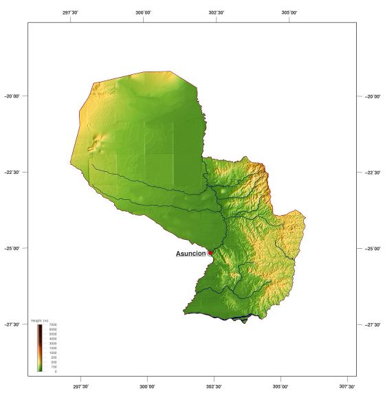 Detallado mapa físico de Paraguay