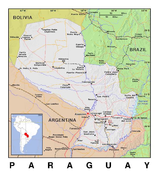 Detallado mapa político de Paraguay con relieve
