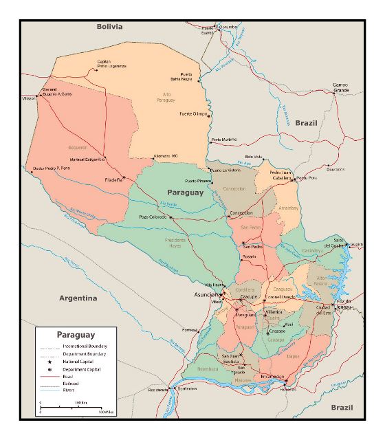 Detallado mapa político y administrativo de Paraguay con carreteras y ciudades