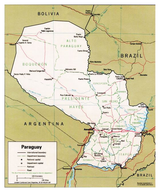 Detallado mapa político y administrativo de Paraguay con carreteras y principales ciudades