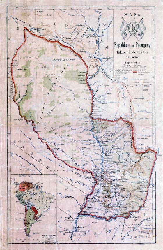 Grande detallado antiguo mapa topográfico de Paraguay