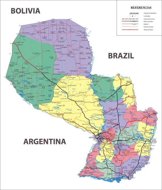 Grande detallado mapa administrativo de Paraguay con carreteras y ciudades