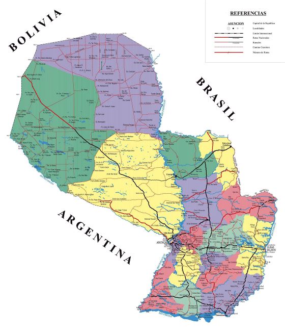 Grande detallado mapa administrativo de Paraguay con carreteras y todas ciudades