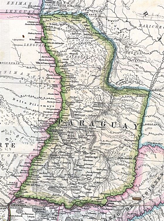 Grande detallado mapa antiguo de Paraguay con relieve - 1875