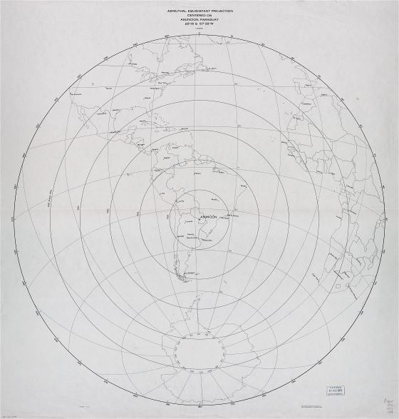 Grande detallado mapa de proyección equidistante azimutal - centrado en Asunción, Paraguay - 1971