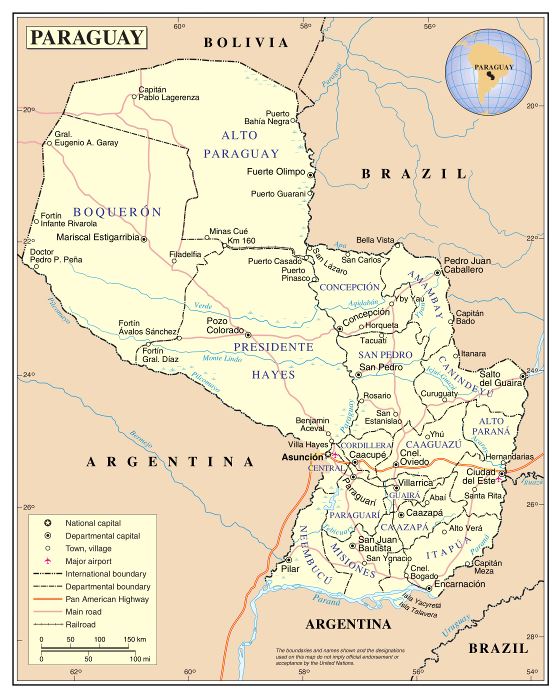 Grande detallado mapa político y administrativo de Paraguay con carreteras, ciudades y aeropuertos