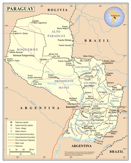 Grande detallado mapa político y administrativo de Paraguay con carreteras, ciudades y aeropuertos