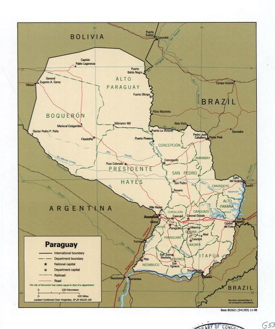 Grande detallado mapa político y administrativo de Paraguay con marcas de carreteras, ferrocarriles y principales ciudades - 1998