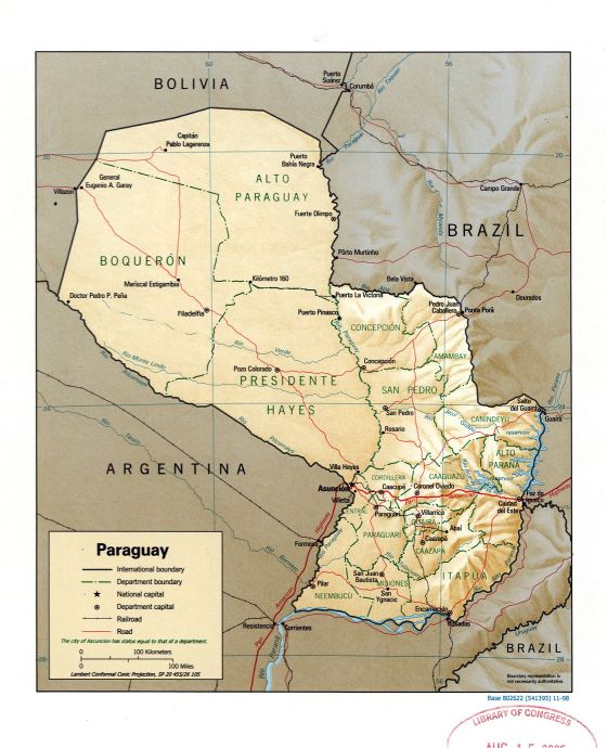Grande detallado mapa político y administrativo de Paraguay con relieve, marcas de carreteras, ferrocarriles y principales ciudades - 1998