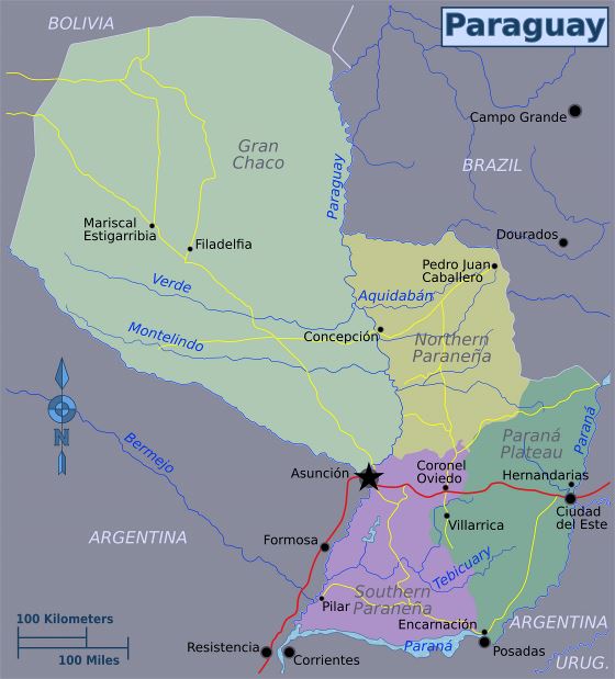 Grande mapa de regiones de Paraguay