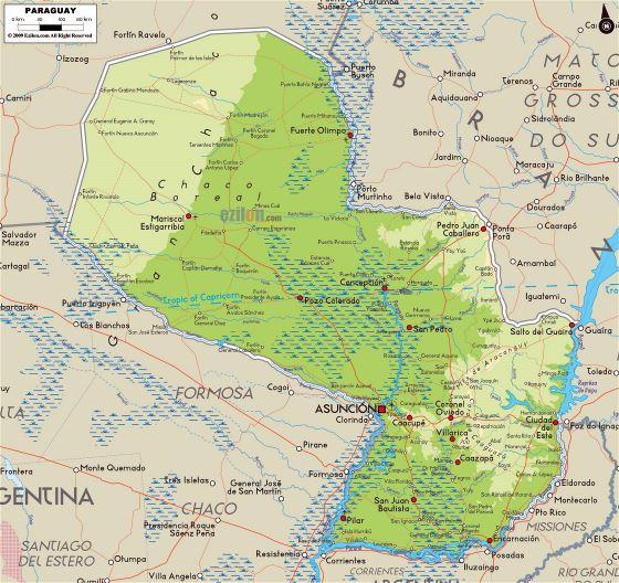 Grande mapa físico de Paraguay con carreteras, ciudades y aeropuertos