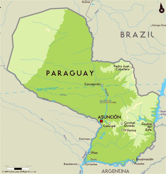 Grande mapa físico de Paraguay con principales ciudades