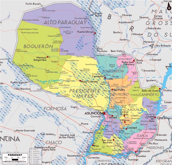 Grande mapa político y administrativo de Paraguay con carreteras, ciudades y aeropuertos