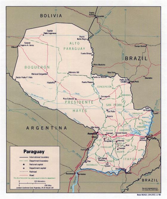 Grande mapa político y administrativo de Paraguay con carreteras y ciudades - 1998